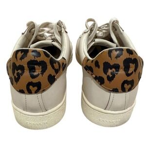 Coach Leather Low Top Sneakers White Leopard Print Heel Horse Carriage Logo 9.5